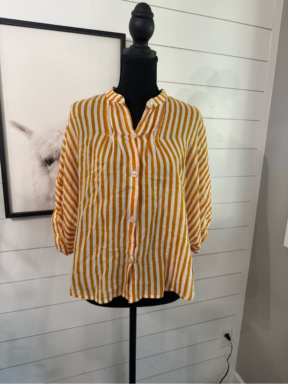 India Collection Emerson Fry Yellow White Striped Button-Up Blouse OS